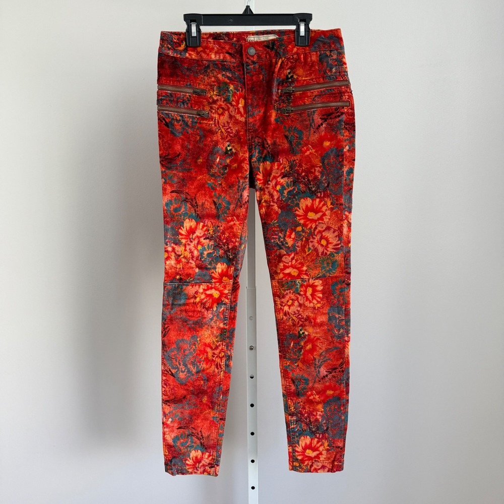 Free People Cotton Boho Quirky Moto Skinny‎ Pants 6 Orange Red